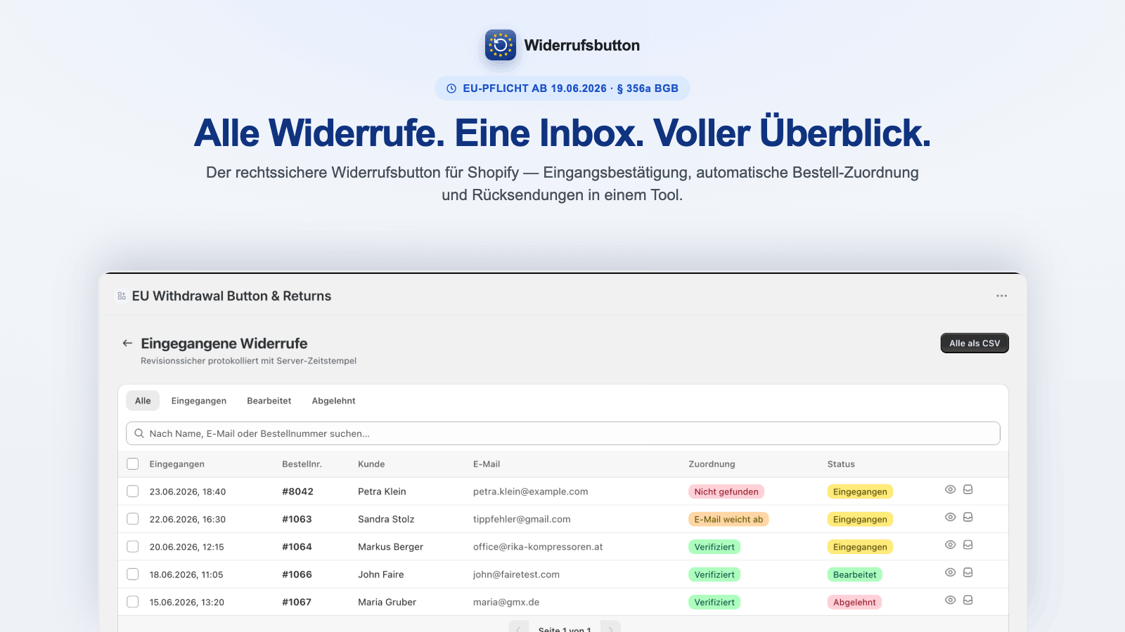 Dashboard mit eingehenden Widerrufen und Retouren in der Shopify-App