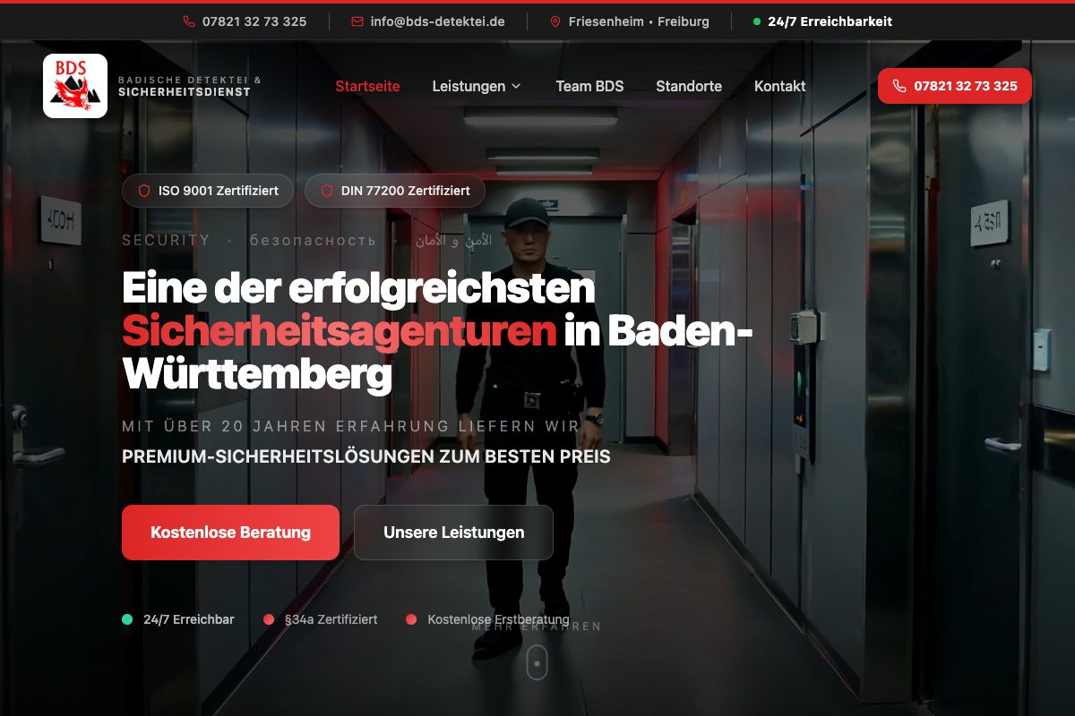 Startseite von BDS Security, einer von uns entwickelten Website