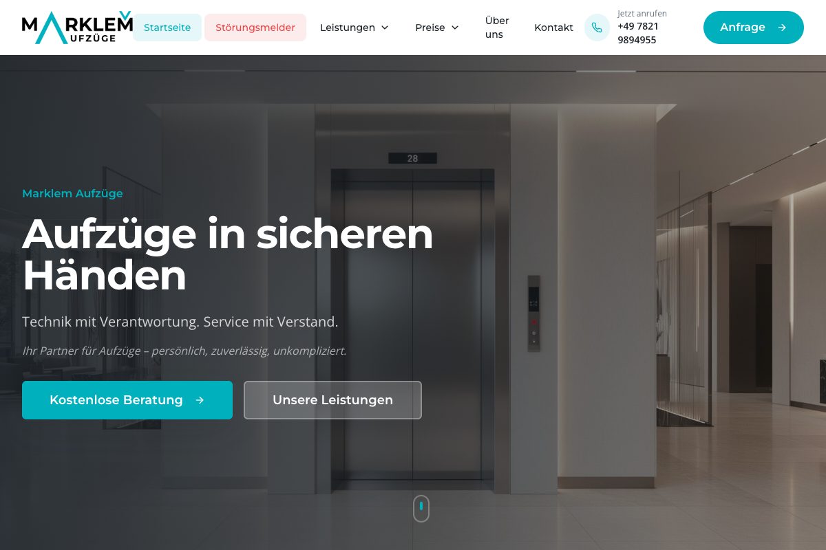 Startseite von MARKLEM Aufzüge, einer von uns entwickelten Website